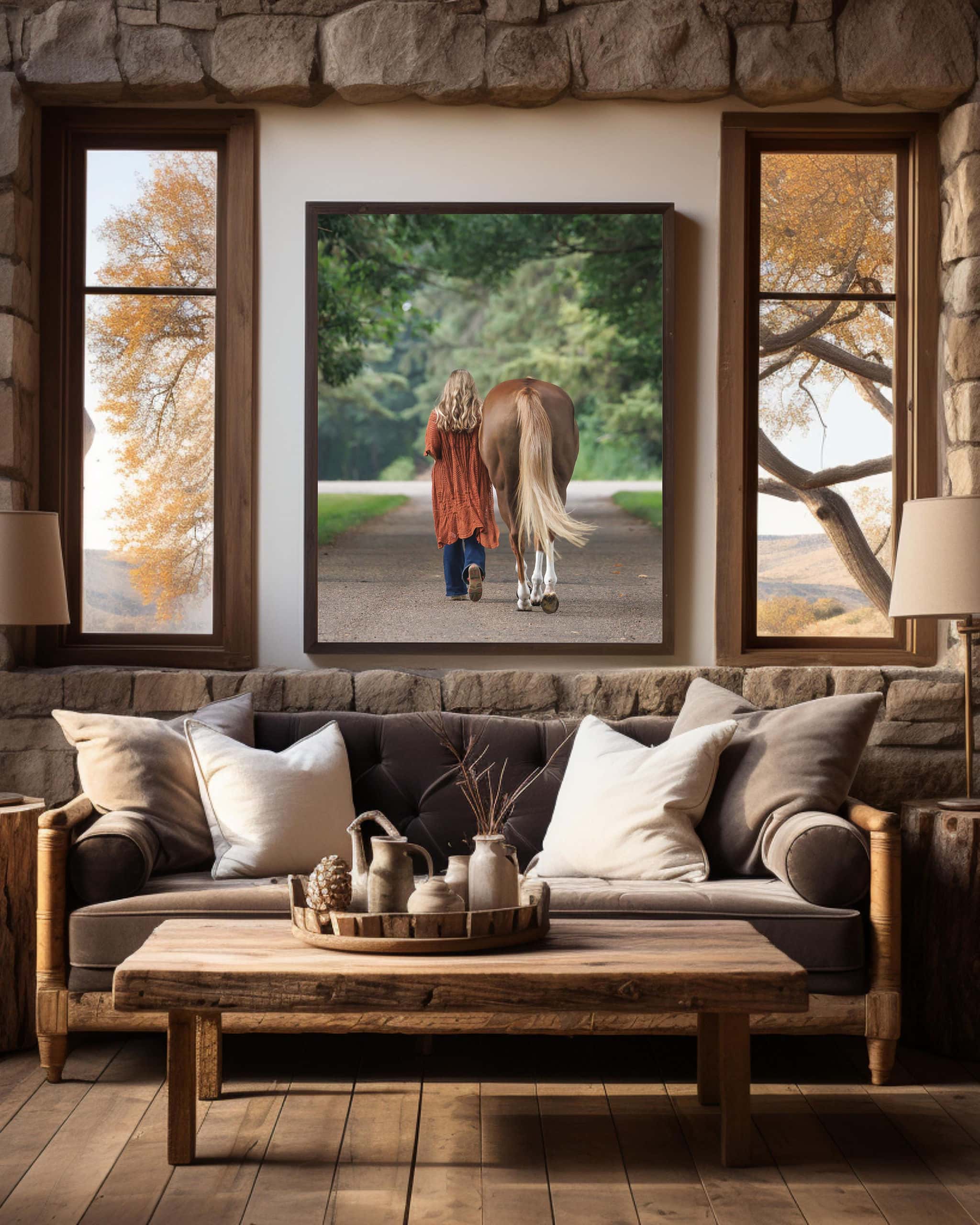 horse in frame in living room shadow dog equine photography