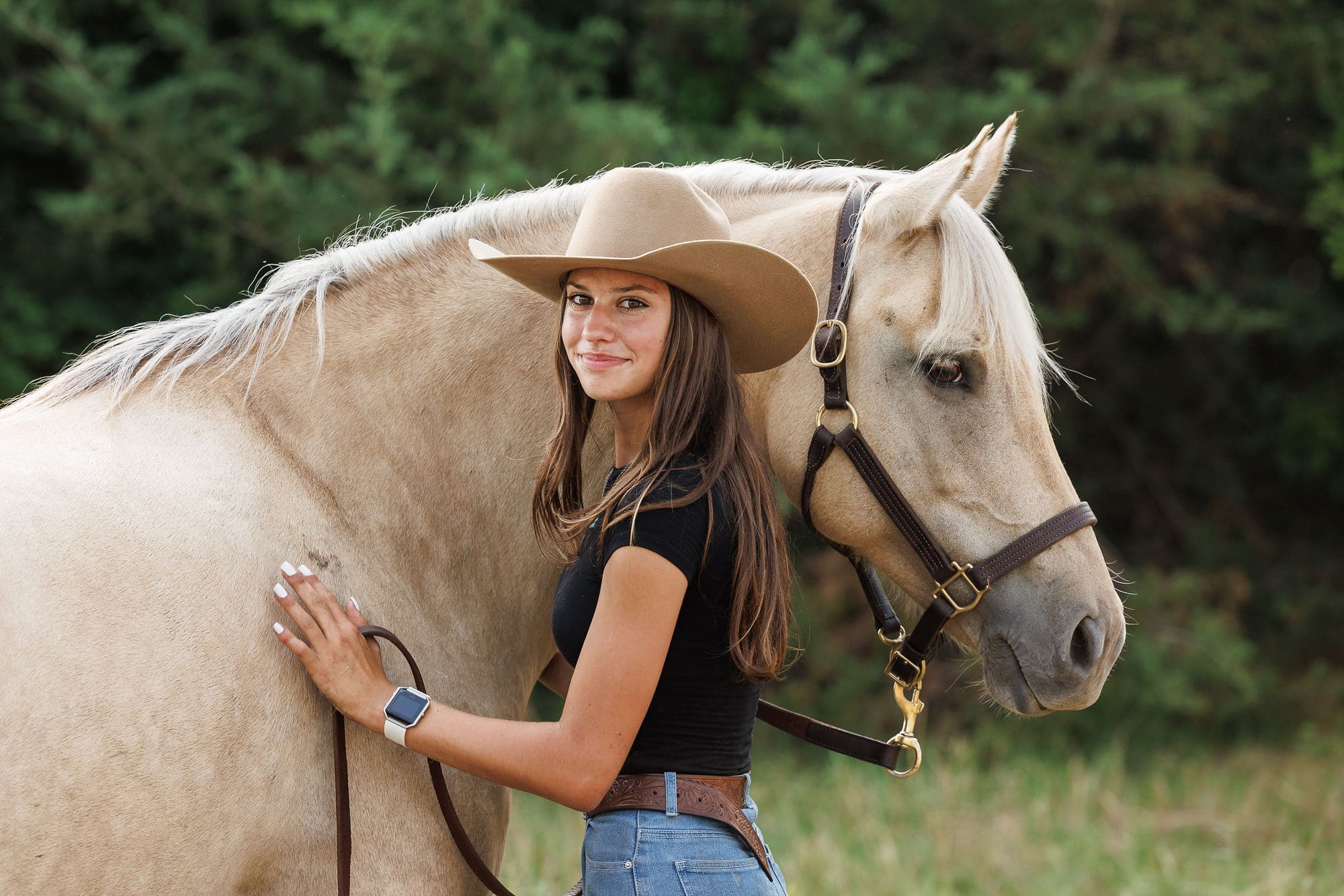 woman with palomino horse shadow dog equine photography