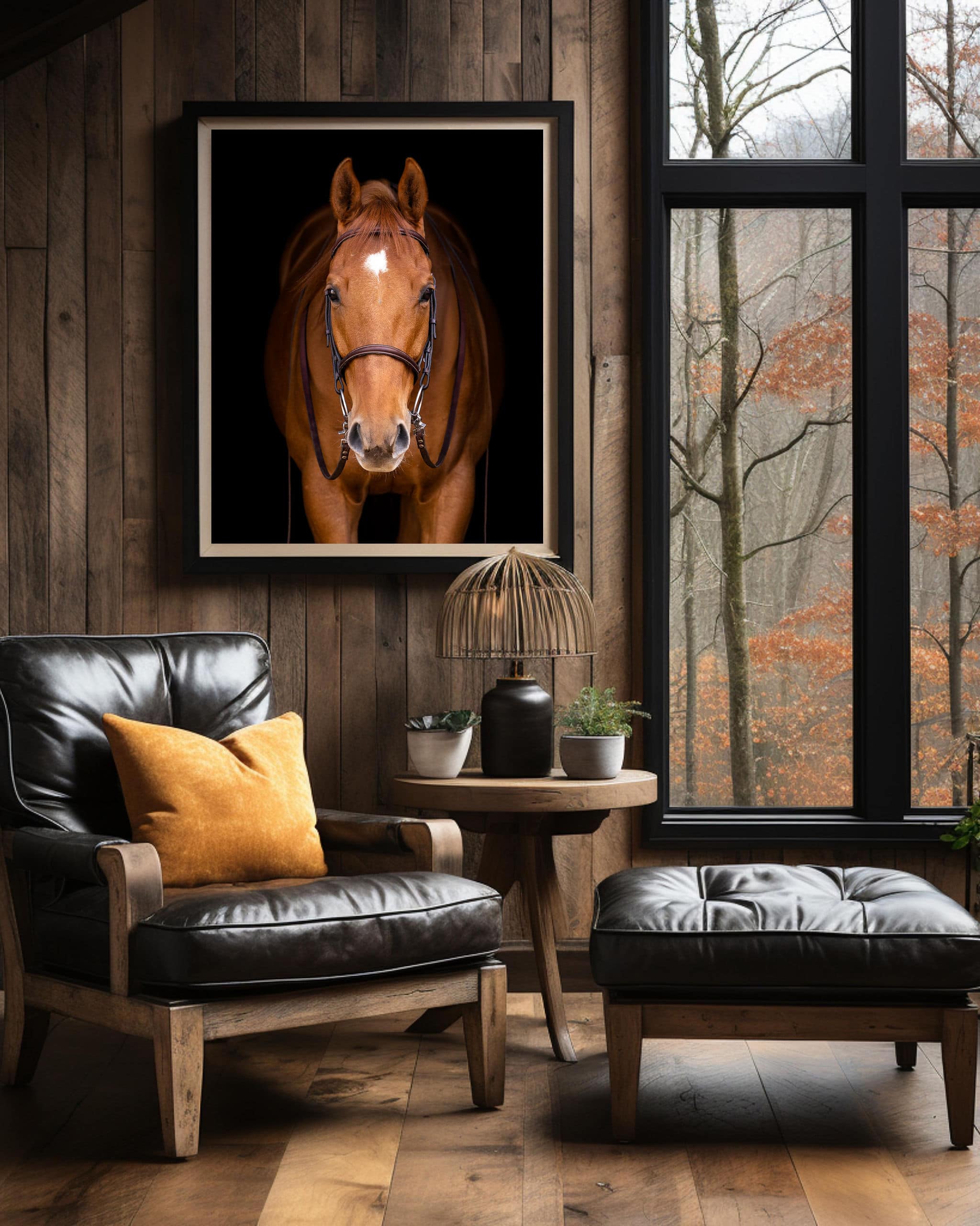 chestnut horse framed in living room shadow dog photography