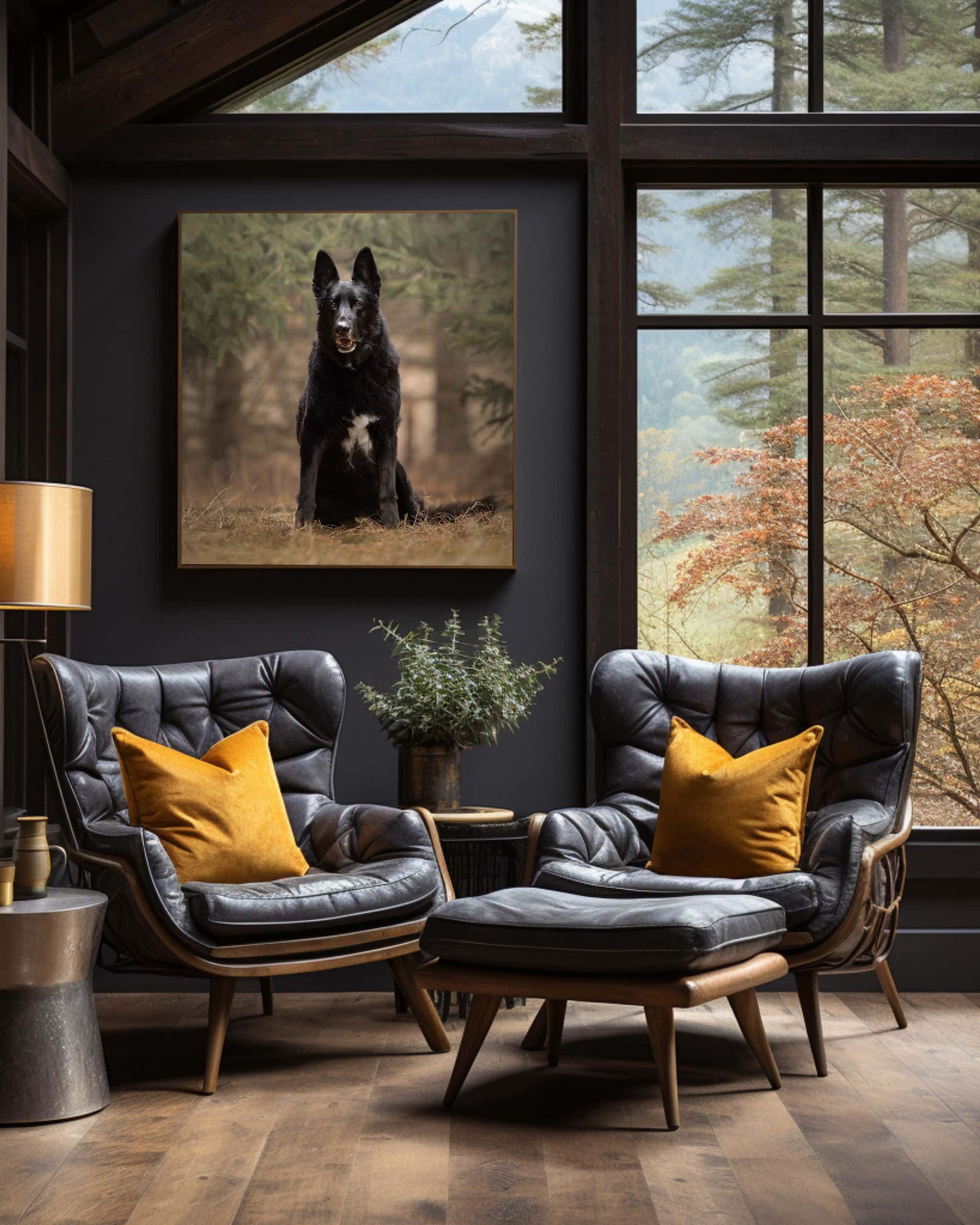 scout black dog framed yellow pillow shadow dog photography