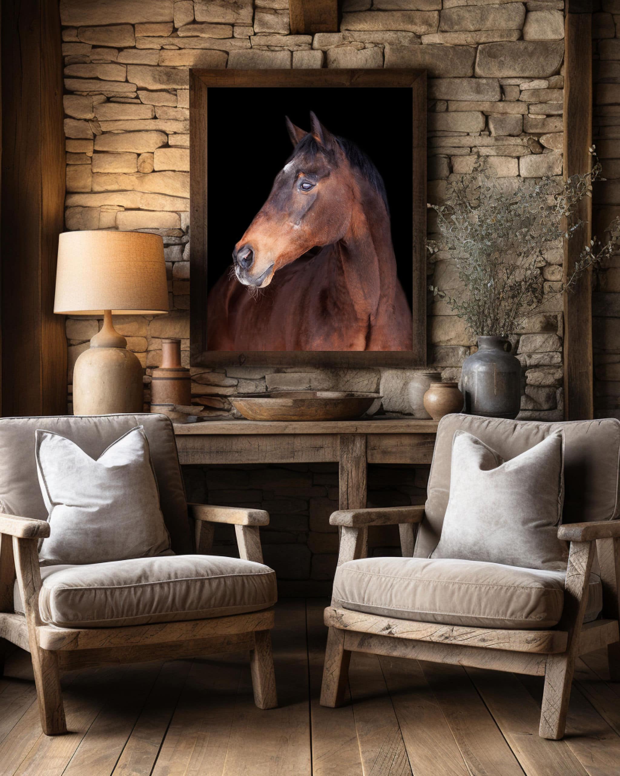 bay horse framed in living room