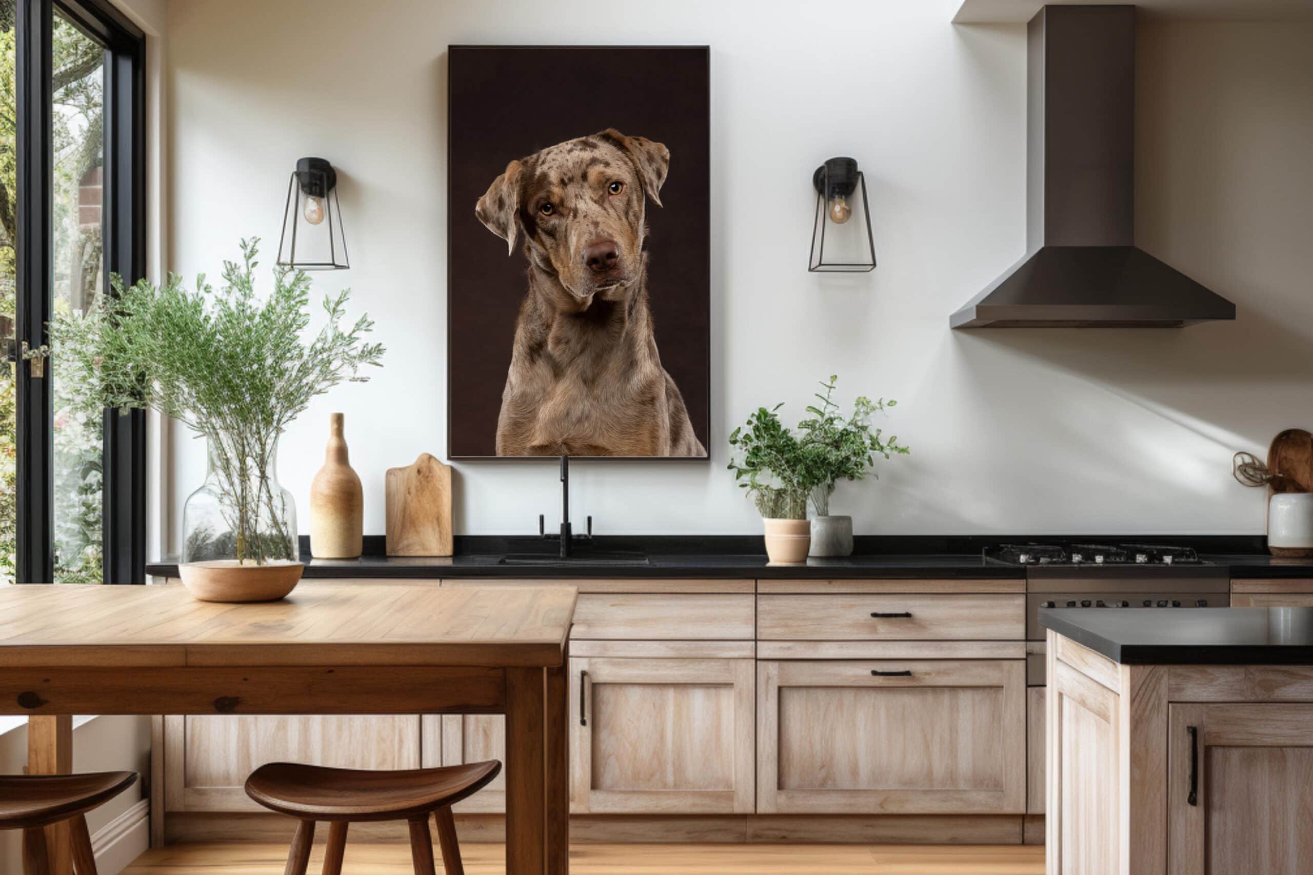 Brown dog in a framed print from Shadow Dog Photography in a kitchen 
